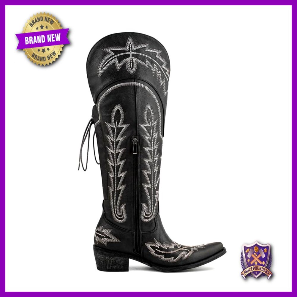 Knee High Western Cowgirl Boots Wide Calf Embroidered Lace Up Fashion Boots - Picture 4 of 6